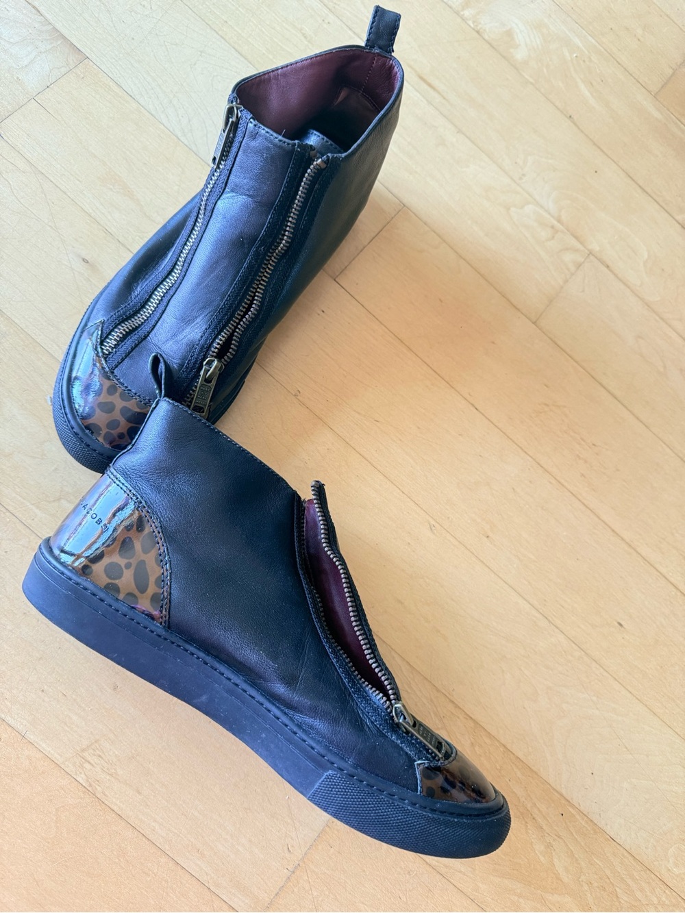 Marc By Marc Jacobs Black Leather Chukka Boots with Leopard Heel & Toe